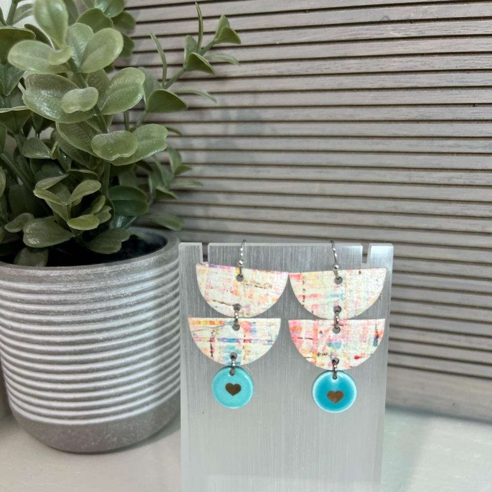 Handmade Leather Multicolor Earrings with Small Ceramic Heart Accent